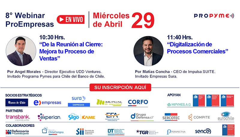 Flyer oficial del 8° Webinar ProEmpresas 2026 — ProPyme con Matías Concha de IMPULSA Suite